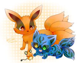 animal_focus commentary_request dated dedenne fang game_freak gen_6_pokemon green_eyes kitsune kurama_(naruto) kyuubi matatabi_(naruto) multiple_tails naruto naruto_(series) nekomata nintendo no_humans onigiri_(tokkun-chu) open_mouth pokemon pokemon_(creature) red_eyes signature smile tail yellow_eyes