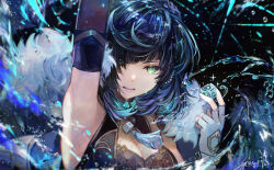 1girl arm_up armpits black_background black_hair blue_hair breasts cleavage dice fingerless_gloves genshin_impact gloves green_eyes highres holding holding_dice jacket jewelry looking_at_viewer medium_breasts mole mole_on_breast multicolored_hair open_mouth short_hair solo sparkle tassel tgf_pic twitter_username upper_body water water_drop wet white_gloves white_jacket yelan_(genshin_impact)