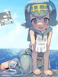 1girl barefoot blue_eyes blue_hair blue_pants blue_sky day lana_(pokemon) looking_at_viewer nintendo ocean open_mouth outdoors pants pokemon pokemon_sm shirt sky smile solo soon_(c-u-soon) wet wet_clothes white_shirt