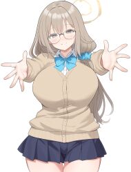 1girl akane_(blue_archive) akane_(school_uniform)_(blue_archive) blue_archive blue_bow blush bow bowtie breasts brown_cardigan brown_eyes brown_hair cardigan commentary_request cowboy_shot glasses hair_ornament hair_scrunchie halo highres huge_breasts long_hair looking_at_viewer moredetale outstretched_arms pleated_skirt scrunchie shirt skirt smile white_background white_shirt