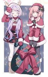 2girls black_bow black_pantyhose blue_archive bow capelet christmas closed_eyes dress hair_bun hair_ornament hairclip halo hanae_(blue_archive) hanae_(christmas)_(blue_archive) hat highres holly_hair_ornament long_hair long_sleeves low_twintails migolu mittens multiple_girls open_mouth pantyhose pink_hair plaid_clothes plaid_skirt pom_pom_(clothes) purple_hair red_bow red_capelet red_dress red_mittens red_sweater sack santa_hat serina_(blue_archive) serina_(christmas)_(blue_archive) single_side_bun skirt sparkle standing sweater twintails white_pantyhose