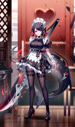 1girl absurdres apron artist_name belt black_belt black_dress black_footwear black_hair black_pantyhose breasts chain colored_inner_hair dress ellen_joe full_body high_heels highres holding holding_weapon looking_at_viewer maid maid_headdress medium_breasts mole mole_under_eye multicolored_hair nail_polish pantyhose petticoat puffy_short_sleeves puffy_sleeves red_eyes red_hair scar scar_on_tail sheya short_hair short_sleeves signature solo standing tail waist_apron weapon white_apron zenless_zone_zero