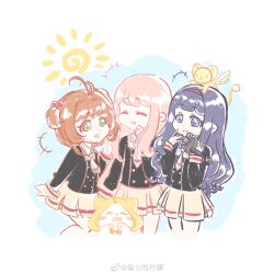 Rule 34 | 3girls, ^ ^, animal, animal on head, antenna hair, black jacket, blue background, brown hair, camcorder, camera, cardcaptor sakura, cat, chibi, chinese commentary, clenched hand, closed eyes, closed mouth, clothed animal, collared shirt, commentary request, cropped legs, crossover, daidouji tomoyo, dot nose, ferret, green eyes, grey necktie, grey shirt, hair bobbles, hair intakes, hair ornament, hairband, hand on own cheek, hand on own face, hand up, happy, highres, holding, holding camera, horizontal-striped sleeve cuffs, jacket, kero (cardcaptor sakura), kinomoto sakura, laughing, light particles, lips, long hair, long sleeves, miniskirt, momo (nikki), multiple girls, necktie, nikki (nikki), nikki (series), on head, open mouth, pink hair, pink lips, pleated skirt, purple eyes, purple hair, red hairband, school uniform, shining nikki, shirt, short hair with long locks, sidelocks, single stripe, skirt, smile, sun symbol, swept bangs, tomoeda elementary school uniform, two-tone background, two side up, very long hair, video camera, watermark, wavy hair, weibo watermark, white background, white cat, white skirt, white sleeve cuffs, winged animal, xiaoyu qixing