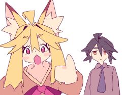 Rule 34 | 1boy, 1girl, :o, ahoge, animal ear fluff, animal ears, blonde hair, blush stickers, double-parted bangs, fox ears, fox girl, hair between eyes, highres, kazumiskill, meme, open mouth, original, pointing, racist momoi (meme), red eyes, sidelocks, simple background, v-shaped eyebrows, white background
