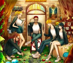2boys 3girls adrien_agreste against_wall alternate_costume alya_cesaire apple baseball_cap belt black_hair blonde_hair blue_eyes bread bread_basket brown_hair buckle chloe_bourgeois food fruit glasses gradient_hair green_eyes hat highres jacket long_hair low_twintails marinette_dupain-cheng miraculous_ladybug multicolored_hair multiple_boys multiple_girls nino_lahiffe open_clothes open_jacket painting_(object) path plant red_hair road semi-rimless_eyewear shirt sweater tree twintails under-rim_eyewear white_shirt