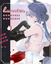 1girl animal_ears black_gloves blood blood_on_face breasts closed_mouth elbow_gloves expressionless eyelashes gloves grey_hair hair_bun heart large_breasts leotard long_hair looking_at_viewer one_eye_covered original rabbit_ears rabbit_girl red_eyes sideboob single_hair_bun solo tail upper_body white_leotard yoimon