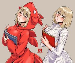 1girl 54kmlikeuniform absurdres animal_costume blonde_hair blush boobs_in_book_(meme) book breasts brown_background closed_eyes cowboy_shot dragon_costume dual_persona dungeon_meshi falin_touden falin_touden_(chimera) falin_touden_(tallman) feathers highres hood hood_up hoodie large_breasts medium_hair meme multiple_views onesie parted_lips pursed_lips solo underboob yellow_eyes
