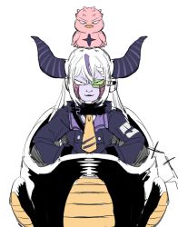 1girl 1st_form_frieza bow_(bhp) colored_skin commentary_request crow_(la+_darknesss) dodoria dragon_ball dragonball_z frieza fusion hololive horns la+_darknesss long_sleeves looking_at_viewer multicolored_hair necktie parody purple_skin scouter simple_background smile smug solo streaked_hair striped_horns virtual_youtuber white_background white_hair yellow_necktie