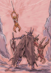 Rule 34 | 2boys, abs, absurdres, adi (adivider), arm guards, armor, barbarian, blonde hair, blue armor, boots, cape, claws, crossover, eyeball, fake horns, fantasy, he-man, helmet, highres, holding, holding sword, holding weapon, horned helmet, horns, huge weapon, left-handed, manly, masters of the universe, multiple boys, muscular, nightmare (soulcalibur), red eyes, short hair, soul calibur, soul edge (weapon), soulcalibur, soulcalibur v, sword, sword of power, weapon, zweihander