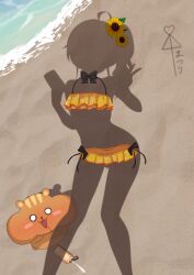 1girl absurdres beach bikini cellphone dressed_shadow_(meme) flower frilled_bikini frills hair_flower hair_ornament highres holding holding_phone hololive matsurisu medium_hair meme mitsuboshi_nuko natsuiro_matsuri natsuiro_matsuri_(hololive_summer_2019) official_alternate_costume orange_bikini phone ruffle_bikini sand smartphone sunflower sunflower_hair_ornament swimsuit virtual_youtuber water