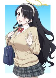 1girl alternate_costume bag black_hair blue_archive blush bow bowtie breasts brilliantko brown_cardigan cardigan collared_shirt hair_over_one_eye hairband halo hashtag-only_commentary highres hinata_(blue_archive) long_hair long_sleeves looking_at_viewer open_mouth plaid_clothes plaid_skirt pleated_skirt red_bow red_bowtie red_eyes school_bag school_uniform shirt simple_background skirt solo very_long_hair white_hairband white_shirt