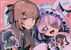 1boy 2000s_(style) 3girls :d ahoge alban_knox alban_knox_(4th_costume) alternate_costume animal_costume animal_hood anime_coloring bandaid black_bow black_bowtie black_ribbon black_shirt blunt_bangs bob_cut bow bowtie brown_hair brown_vest buttons chibi chibi_inset closed_mouth collared_shirt cosplay eyepatch film_grain frilled_hood frills gem green_eyes green_gemstone grey_eyes hair_ornament hair_ribbon hairclip head_tilt heart heart_ahoge heart_eyepatch heterochromia hood hood_up kigurumi long_sleeves looking_at_viewer low_ponytail maria_marionette maria_marionette_(4th_costume) meloco_kyoran meloco_kyoran_(1st_costume) multiple_girls nijisanji nijisanji_en onesie open_mouth outline pink_hair pink_streaks pogatyb ponytail purple_eyes purple_streaks rabbit_costume rabbit_hood ribbon sanpaku scarle_yonaguni scarle_yonaguni_(4th_costume) shirt short_hair sidelocks signature smile straight_hair tareme teeth trap tsurime twitter_username two-tone_background upper_body upper_teeth_only vest virtual_youtuber watermark white_outline wing_collar