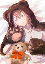 1girl animal_ear_hood animal_hood bear_hood bear_paws bed braid braided_bangs brown_hair closed_mouth dot_nose eyelashes fake_animal_ears from_above grey_eyes hair_between_eyes half-closed_eyes hanasato_minori hands_up highres hood light_smile long_eyelashes lying medium_hair neck_ribbon on_back on_bed orange_ribbon project_sekai ribbon shirt solo stuffed_animal stuffed_toy swept_bangs ta07 teddy_bear white_shirt