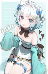 1girl absurdres ahoge bare_shoulders black_bow black_bowtie blue_bow blue_eyes bow bowtie breasts cauli character_name closed_mouth collarbone detached_collar detached_sleeves dress green_dress green_hair hair_bow hair_intakes hair_ornament heart heart_in_eye highres indie_virtual_youtuber long_sleeves looking_at_viewer maid_headdress medium_hair mint_fantome mint_fantome_(minto_2.0) pointy_ears sidelocks single_thighhigh sitting sleeves_past_fingers sleeves_past_wrists small_breasts solo symbol_in_eye thigh_strap thighhighs tongue tongue_out two_side_up virtual_youtuber white_hair white_thighhighs x_hair_ornament