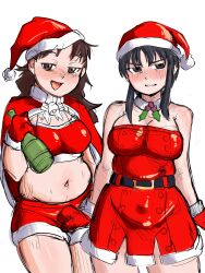 Rule 34 | 2girls, absurdres, alcohol, ameh li, azumanga daiou, black eyes, black hair, blush, breasts, brown eyes, brown hair, cleavage, dress, embarrassed, gloves, hat, highres, kurosawa minamo, large breasts, looking at viewer, looking to the side, midriff, multiple girls, plump, santa capelet, santa costume, santa dress, santa gloves, santa hat, short hair with long locks, short shorts, shorts, sketch, tanizaki yukari