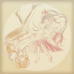 Rule 34 | 2girls, alice margatroid, alternate costume, barefoot, belt, blonde hair, boots, bow, closed eyes, closed mouth, commentary request, hair bow, hakama, hakama skirt, hakurei reimu, high heel boots, high heels, highres, hip vent, holding hands, japanese clothes, karaqia, kimono, knee boots, long hair, multiple girls, pants, red bow, red hakama, ribbon-trimmed sleeves, ribbon trim, shirt, skirt, smile, toes, touhou, very long hair, white kimono, white shirt, yuri
