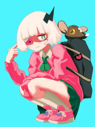 Rule 34 | 1girl, bandaged head, bandages, black horns, blonde hair, blunt bangs, cellphone, collared shirt, eyepatch, finger gun, finger gun to head, full body, green eyes, green neckerchief, green skirt, horns, long sleeves, neckerchief, neritch, phone, phone eyepatch, pink sweater, pleated skirt, ruru (shinsei kamattechan), shinsei kamattechan, shirt, short hair, simple background, single horn, skirt, solo, squatting, stuffed animal, stuffed mouse, stuffed toy, sweater, white shirt