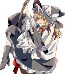 1girl apron black_boots black_skirt black_vest blonde_hair blush boots braid broom broom_riding grin hand_on_headwear hat high_heel_boots high_heels kirisame_marisa long_hair red_ribbon ribbon shirt short_sleeves skirt smile solo touhou unkmochi vest watermark white_background white_shirt witch_hat yellow_eyes