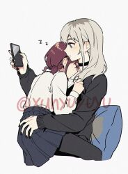 2girls black_choker black_nails black_pantyhose black_skirt black_sweater cellphone choker closed_eyes closed_mouth commentary_request cushion girls_band_cry grey_hair hand_on_another&#039;s_waist head_on_another&#039;s_shoulder holding holding_phone iseri_nina kawaragi_momoka long_hair long_sleeves multicolored_hair multiple_girls pantyhose phone pleated_skirt red_hair roots_(hair) shirt short_twintails simple_background sitting sitting_on_lap sitting_on_person skirt sleeping smartphone sweater twintails twitter_username white_background white_shirt xunyu_(manyu) yuri zzz