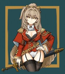 1girl aiguillette animal_ears ascot azur_lane black_bra black_thighhighs bra breasts brown_hair cleavage closed_mouth cropped_legs epaulettes fake_animal_ears green_background hand_on_own_hip high_ponytail highres holding holding_sheath lace lace-trimmed_bra lace-trimmed_thighhighs lace_trim large_breasts leotard lion_(azur_lane) lion_ears long_sleeves looking_at_viewer military_uniform nagabegi_(ryuuboku) orange_eyes ponytail scabbard sheath sheathed simple_background smile solo thighhighs underwear white_ascot