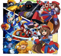 Rule 34 | 1girl, 5boys, android, arm cannon, armor, blue armor, blue dress, blue helmet, brown hair, cloak, colonel (mega man), copyright name, double soul (mega man), dress, energy blade, energy sword, forehead jewel, fourth armor x (mega man), general (mega man), green eyes, helmet, highres, holding, holding scythe, holding sword, holding weapon, hood, hood up, hooded cloak, iris (mega man), karen (karenoni1031), long hair, mega man (series), mega man x4, mega man x (series), multiple boys, multiple views, red armor, red dress, red helmet, scythe, sigma (mega man), sword, weapon, white armor, x (mega man), z saber