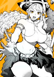 1girl absurdres arm_tattoo armlet armpits asymmetrical_hair belt bicorne blush breasts cleavage collar commentary cutlass feet_out_of_frame frilled_gloves frills gloves greyscale_with_colored_background hat highres jewelry large_breasts long_hair looking_at_viewer miniskirt nami_(one_piece) navel official_alternate_costume one_piece one_piece_film:_red open_mouth orange_background orange_eyes outstretched_arm parted_bangs pirate_hat sideboob sidelocks simple_background skirt solo spot_color stomach studded_armlet sweatdrop sword tattoo thighs twintails v-shaped_eyebrows weapon yotsumi_shiro