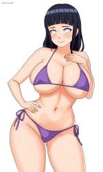 1girl absurdres bikini black_hair blunt_bangs breasts cleavage cowboy_shot curvy eclyart highres huge_breasts hyuuga_hinata looking_at_viewer naruto_(series) naruto_shippuuden navel purple_bikini simple_background solo stomach swimsuit thighs white_background white_eyes