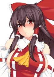 1girl adapted_costume ascot blush bow breasts brown_hair detached_sleeves hair_bow hair_tubes hakurei_reimu kupala large_breasts leotard long_hair portrait red_eyes ribbon sideboob touhou wrestling_outfit