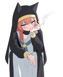 1girl animal_ears black_veil blue_archive blue_eyes cat_ears cigarette dress looking_at_viewer mari_(blue_archive) orange_eyes simple_background solo veil white_background
