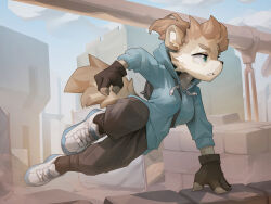 1boy black_pants blue_hoodie brick_wall character_request choecoga copyright_request furry furry_male gloves green_eyes highres hood hoodie jumping pants solo