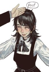 1boy 1girl bonk bow chainsaw_man closed_eyes disembodied_hand dress hair_tie headpat highres mifune_fumiko mossacannibalis out_of_frame outstretched_arms school_uniform sidelocks smile speech_bubble tagme tongue tongue_out yoshida_hirofumi