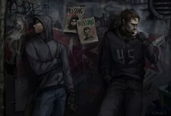 2boys afraid_of_monsters against_wall bag black_eyes black_gloves black_hair black_hoodie brown_hair cigarette closed_eyes cowboy_shot cry_of_fear dark david_leatherhoff denim fingerless_gloves gloves graffiti grate grey_hoodie hand_in_pocket hand_on_own_arm hand_on_own_stomach highres holding holding_cigarette hood hood_down hood_up hoodie jeans missing_poster multiple_boys outstretched_leg pants print_hoodie sewer_grate short_hair shoulder_bag simon_henriksson smoke smoking softlight18 turning_head