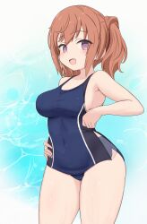 1girl alice_gear_aegis alternate_costume blue_one-piece_swimsuit blush breasts brown_hair covered_navel cowboy_shot highres kimikage_yui looking_at_viewer medium_breasts medium_hair multiple_girls ocean one-piece_swimsuit outdoors purple_eyes school_swimsuit seseragi_(star4rats) short_hair smile solo swimsuit twintails water