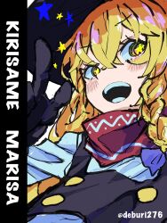 1girl absurdres bandana black_gloves black_vest blonde_hair blue_bow blush bow braid character_name crossed_bangs deburi276 gloves hair_between_eyes hair_bow highres kirisame_marisa long_hair open_mouth red_bandana shirt side_braid single_braid smile solo star-shaped_pupils star_(symbol) symbol-shaped_pupils teeth touhou twitter_username vest white_shirt yellow_eyes