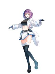 1girl aeri_(closers) aqua_eyes belt belt_pouch black_gloves black_shirt black_thighhighs boots breasts closers crop_top cropped_jacket fox_tail full_body fur_trim gloves highres jacket large_breasts long_sleeves looking_at_viewer midriff miniskirt mole mole_under_mouth navel official_art open_clothes open_jacket open_mouth outstretched_arms pouch purple_hair ribbed_shirt shirt short_hair skirt solo stomach tail taut_clothes taut_shirt thigh_boots thighhighs thighs turtleneck white_background white_jacket white_skirt zettai_ryouiki