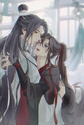 2boys ahoge bed bishounen black_hair black_hanfu blurry blurry_foreground blush chinese_clothes closed_mouth couple depth_of_field eye_contact eyelashes hair_ribbon hand_on_another&#039;s_back hanfu headband high_ponytail highres hug imminent_kiss indoors lan_wangji lattice light_particles long_hair long_sleeves looking_at_another male_focus modao_zushi multiple_boys on_bed one_eye_closed open_mouth ponytail purple_eyes red_ribbon ribbon robe sen_mdzs sidelocks sitting sitting_on_lap sitting_on_person sleeves_past_wrists smile straddling tassel topknot upper_body very_long_hair wei_wuxian white_hanfu white_headband wide_sleeves window xiao_guan_(headdress) yaoi yellow_eyes