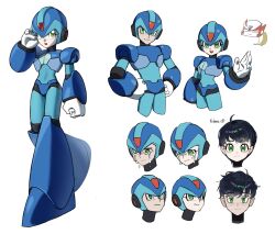 Rule 34 | 1boy, armor, black hair, blue armor, blue helmet, cowboy shot, forehead jewel, full body, green eyes, helmet, highres, mega man (series), mega man x (series), multiple expressions, multiple views, nanhui aria, simple background, tears, white background, x (mega man)