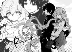 Rule 34 | 1boy, 1girl, blush, bow, briefcase, commission, commissioner insert, contemporary, flower, gakuran, genshin impact, greyscale, hair bow, hair flower, hair ornament, highres, jihecchi, long hair, low twintails, monochrome, neckerchief, oc x canon, open mouth, original, railing, rooftop, scaramouche (genshin impact), school briefcase, school uniform, serafuku, simple background, sparkling eyes, twintails, very long hair