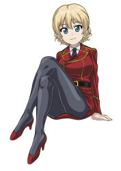 Rule 34 | 1girl, 9s0ykoyama117, absurdres, ass, blonde hair, blue eyes, braid, breasts, closed mouth, crossed legs, darjeeling (girls und panzer), full body, girls und panzer, high heels, highres, large breasts, looking at viewer, simple background, smile, solo, white background