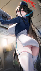 1girl airplane_interior alternate_costume ass black_hair blue_archive blue_jacket blush breasts cropped_jacket dress feet_out_of_frame flight_attendant garrison_cap hair_between_eyes hair_bun hasumi_(blue_archive) hat highres huge_breasts jacket long_hair long_sleeves looking_at_viewer no_wings pinkmill red_eyes single_side_bun skindentation solo suitcase sweat thighhighs travel_attendant very_long_hair white_dress white_thighhighs