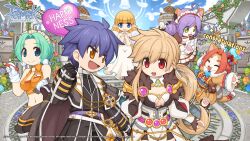 2boys 4girls angel apron belt black_coat black_gloves black_jacket black_pants black_shirt blonde_hair blue_eyes blue_sky bow breasts brown_coat brown_dress brown_shorts caprese_(ragnarok_online) cat_boy cat_girl clipboard cloud coat coat_on_shoulders cobblestone collar copyright_notice cowboy_shot crop_top day detached_collar dress elemental_master_(ragnarok_online) fur-trimmed_dress fur_coat fur_collar fur_trim furry furry_female gem gloves green_hair heart hetero highres holding holding_clipboard holding_hands holding_pen inquisitor_(ragnarok_online) jacket kafra_uniform logo long_hair maid maid_headdress medium_breasts multiple_boys multiple_girls official_art official_wallpaper open_mouth orange_eyes orange_hair orange_shirt outdoors pants pelvic_curtain pen pointy_ears purple_belt purple_hair ragnarok_online red_bow red_eyes red_gemstone sampaguita_(ragnarok_online) shirt short_hair shorts shorts_under_dress sky sleeveless sleeveless_shirt smile spirit_handler_(ragnarok_online) tail tail_bow tail_ornament tassel white_apron white_collar yuichirou