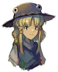 1girl animal animal_on_shoulder blue_eyes cropped_torso frog hat highres kornod light_smile long_hair looking_at_viewer moriya_suwako shirt solo straw_hat touhou upper_body white_background white_shirt