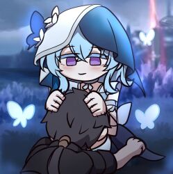Rule 34 | 1boy, 1girl, black hair, blue butterfly, blue hair, blue veil, bug, butterfly, closed mouth, colored eyelashes, commentary, english commentary, flareza, hair between eyes, headpat, highres, insect, lap pillow, light blush, long hair, male rover (wuthering waves), purple eyes, rover (wuthering waves), shorekeeper (wuthering waves), smile, two-tone veil, veil, white veil, wuthering waves