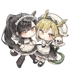 Rule 34 | 2girls, animal ears, antlers, apron, black dress, black hair, blonde hair, blush, chibi, chibi only, dragon girl, dragon horns, dragon tail, dress, frilled apron, frilled dress, frills, full body, fur-tipped tail, green scales, green tail, hair between eyes, highres, horns, kicchou yachie, kurokoma saki, long hair, long sleeves, looking at viewer, maid, maid apron, maid headdress, monster girl, multiple girls, scales, short hair, short sleeves, simple background, skull, tail, touhou, white apron, white background, yellow horns, yuejinlin