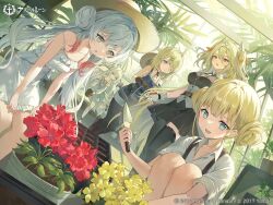 5girls azur_lane black_skirt blonde_hair blue_eyes blue_overalls dress flower flower_pot gloves hair_bun hair_ornament hair_over_one_eye hat highres holding holding_flower_pot holding_trowel l&#039;audacieux_(azur_lane) l&#039;indomptable_(azur_lane) le_malin_(azur_lane) le_terrible_(azur_lane) le_triomphant_(azur_lane) logo long_hair multicolored_hair multiple_girls official_art open_mouth overalls pantyhose red_eyes red_flower red_hair short_hair skirt straw_hat streaked_hair sun_hat trowel white_dress white_gloves white_hair white_pantyhose x_hair_ornament yellow_flower