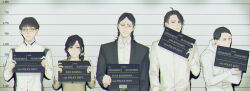 1girl 4boys against_wall black_eyes black_hair black_jacket blazer blunt_bangs bob_cut character_name closed_mouth collared_shirt commentary_request glasses height_chart height_mark highres holding holding_sign hood hood_down hooded_jacket jacket kurosawa_yuya lineup long_sleeves looking_at_viewer looking_to_the_side low_ponytail mayusaki_jun mugshot multiple_boys nameplate nono_(n0n0n0n0n_0) ponytail round_eyewear shimizu_eiko shirt short_hair sign spoilers tanihara_kinoko toshi_densetsu_kaitai_center upper_body white_jacket white_shirt yamada_gasmask
