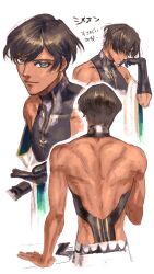 1boy absurdres back_cutout back_muscles backless_leotard bare_shoulders biceps black_gloves blue_eyes blush bright_pupils brown_hair character_name clothing_cutout collarbone cropped_legs cropped_shoulders dark-skinned_male dark_skin deltoids elbow_gloves eyelashes facing_away from_behind gloves green_eyes hair_between_eyes head_on_hand highres hip_vent japanese_text leotard light_smile looking_at_viewer male_focus median_furrow multicolored_eyes multiple_views obey_me!:_one_master_to_rule_them_all! off_shoulder parted_bangs shirt short_hair simeon_(obey_me!) simple_background sketch skin_tight sleeveless sleeveless_shirt three_quarter_view translation_request turtleneck turtleneck_shirt two-tone_eyes unworn_gloves wavy_hair white_background white_pupils yowoshinobukarinosugata
