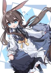 Rule 34 | 1girl, absurdres, amiya (arknights), animal ears, arknights, black ribbon, black socks, blue eyes, brown hair, chinese commentary, commentary, commentary request, dress, english commentary, eyes visible through hair, flying sweatdrops, frilled dress, frills, grey dress, hair between eyes, highres, kneehighs, long hair, long sleeves, looking at viewer, mixed-language commentary, mogu kinoko, neck ribbon, open mouth, ponytail, ribbon, skirt hold, socks, solo, split mouth, very long hair, white dress