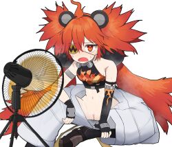 1girl ahoge animal_ears bare_shoulders bear_ears blush censored cleft_of_venus clothes_pull crop_top electric_fan eyepatch fake_animal_ears female_focus fingerless_gloves gloves hair_between_eyes heart heart_censor highres koleda_belobog loli long_hair navel no_panties open_mouth orange_eyes orange_hair pants pants_pull pussy simesaba solo spread_legs sweat twintails very_long_hair white_background zenless_zone_zero