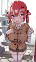 Rule 34 | 1girl, absurdres, breasts, day, gabriel dropout, greatmosu, hair between eyes, hair rings, highres, holding, holding omikuji, holding paper, large breasts, light blush, long hair, long sleeves, looking at viewer, omikuji, outdoors, paper, pleated skirt, purple eyes, red hair, satanichia kurumizawa mcdowell, skindentation, skirt, smile, solo, thighhighs, white thighhighs